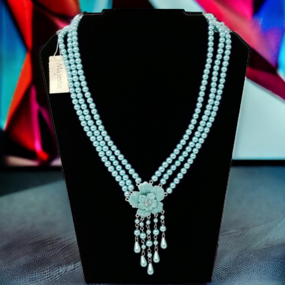 New Majestic 21" Multi Strand Faux Pearl Blue Floral Necklace